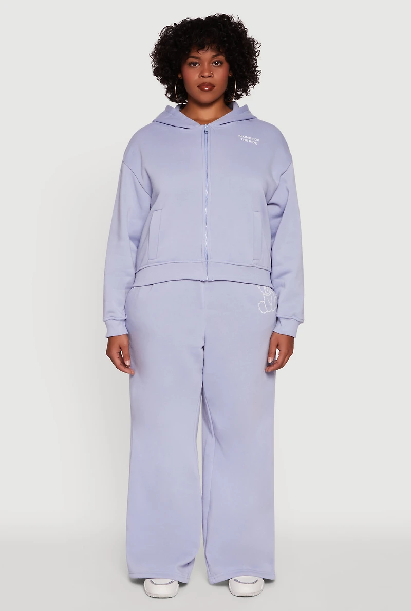 Womens Plus Bear Graphic High Waisted Wide Leg Sweatpants, Blue,