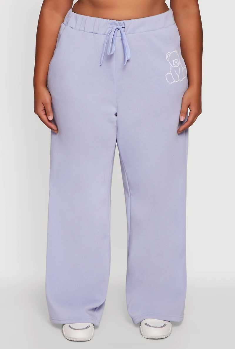 Womens Plus Bear Graphic High Waisted Wide Leg Sweatpants, Blue,