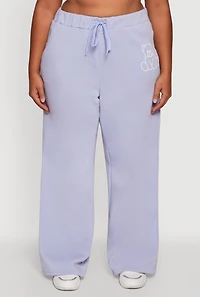 Womens Plus Bear Graphic High Waisted Wide Leg Sweatpants, Blue,