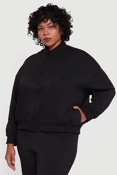 Womens Plus Size Solid Fleece Zip Front Long Sleeve Sweatshirt, Black, Size 2X