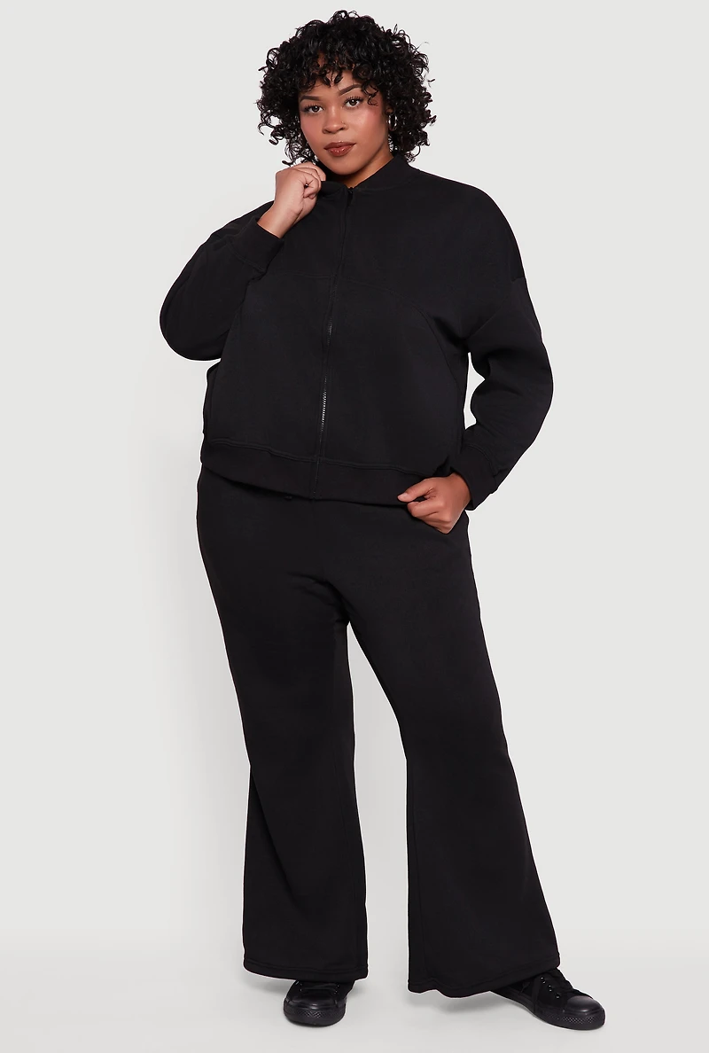 Womens Plus Solid Fleece Zip Front Long Sleeve Sweatshirt,