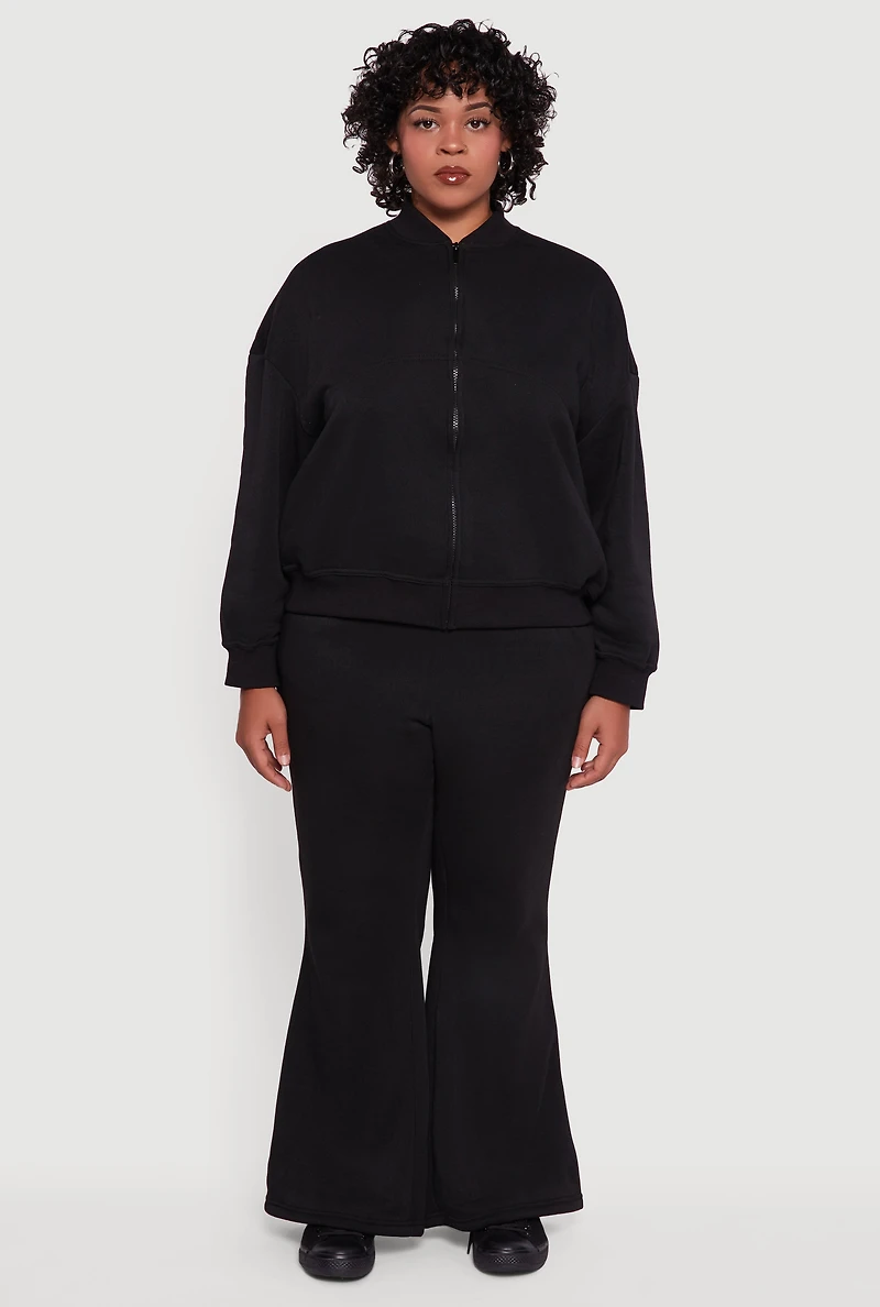 Womens Plus Solid Fleece Zip Front Long Sleeve Sweatshirt,