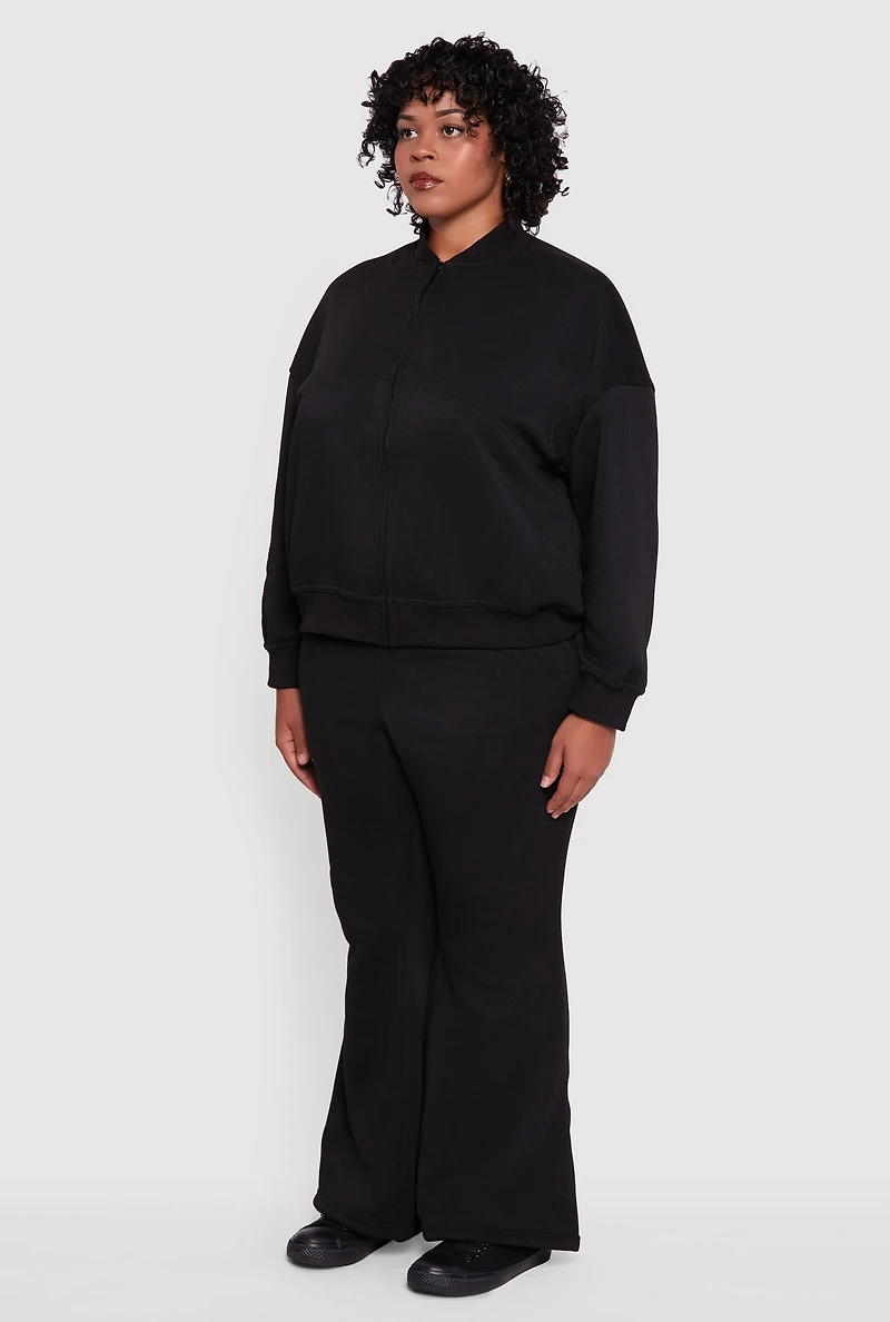 Womens Plus Solid Fleece Zip Front Long Sleeve Sweatshirt,