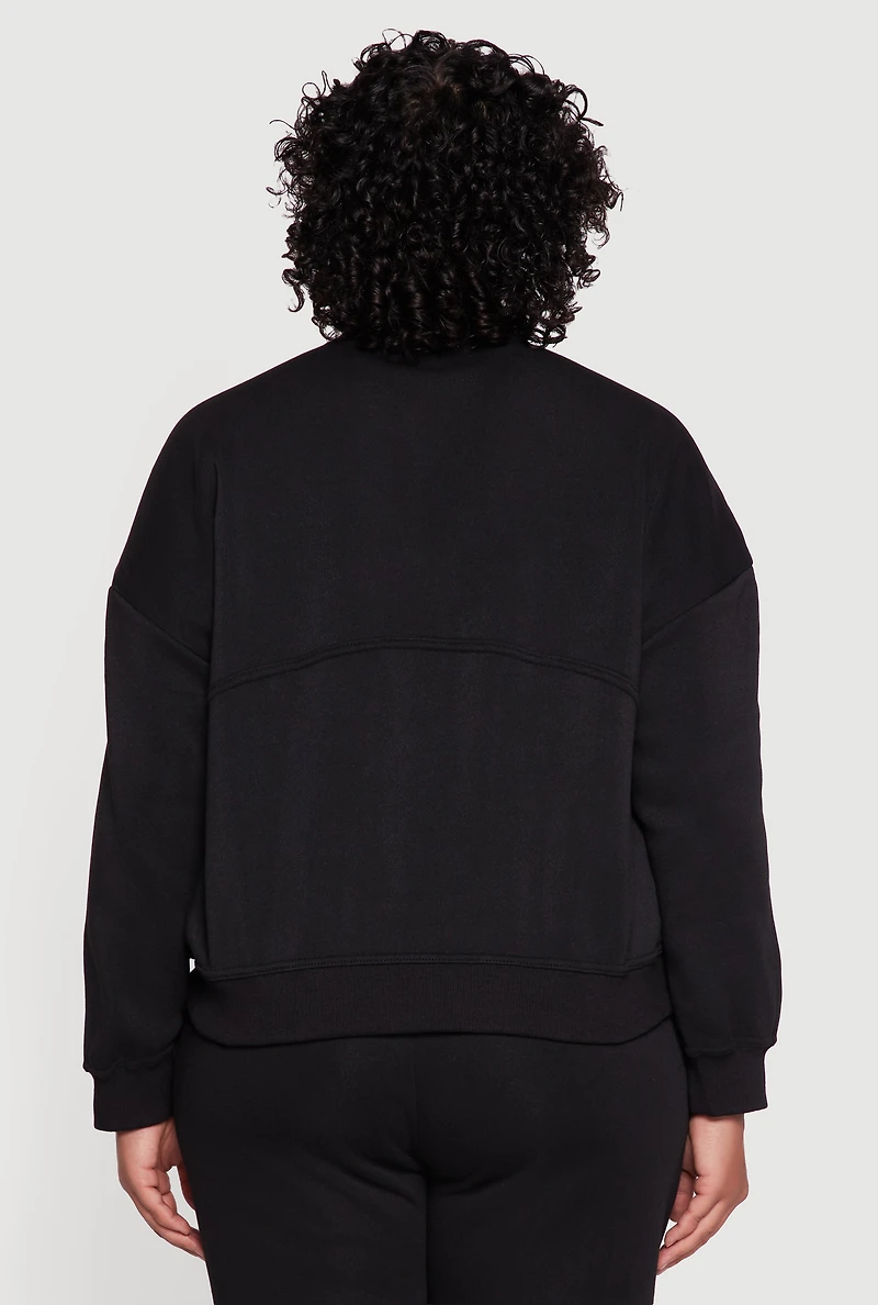 Womens Plus Solid Fleece Zip Front Long Sleeve Sweatshirt,