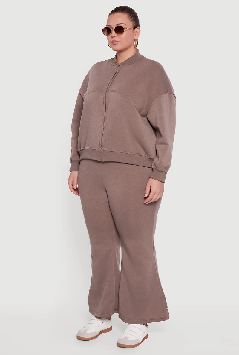 Womens Plus Solid Fleece Zip Front Long Sleeve Sweatshirt, 2X