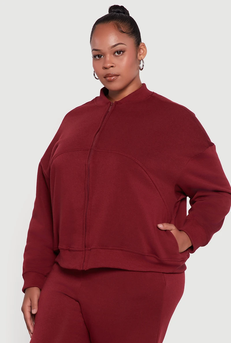 Womens Plus Size Solid Fleece Zip Front Long Sleeve Sweatshirt, Burgundy, Size 1X