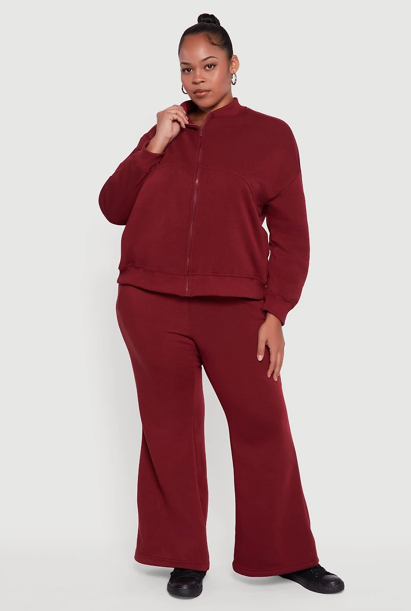 Womens Plus Size Solid Fleece Zip Front Long Sleeve Sweatshirt, Burgundy, Size 1X