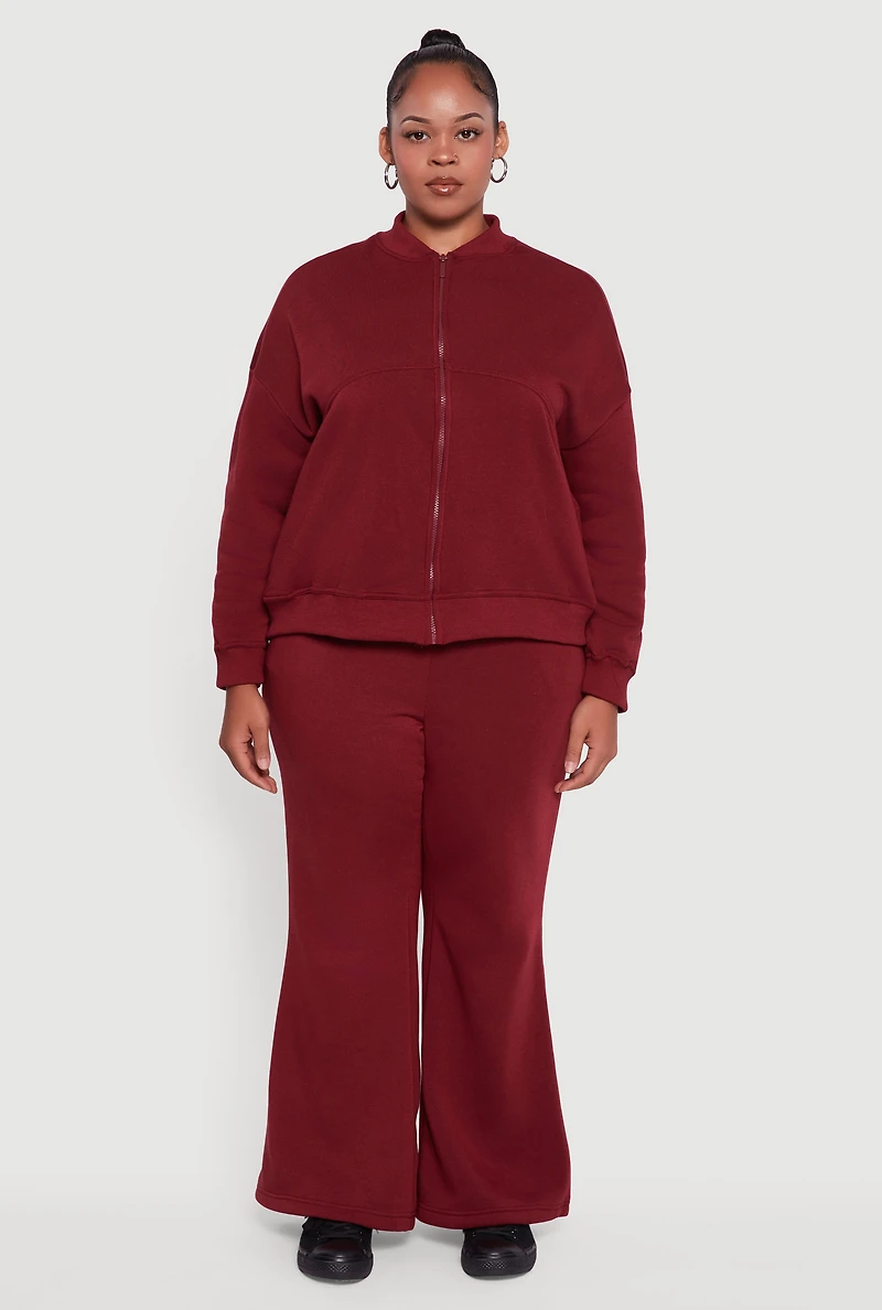 Womens Plus Size Solid Fleece Zip Front Long Sleeve Sweatshirt, Burgundy, Size 1X