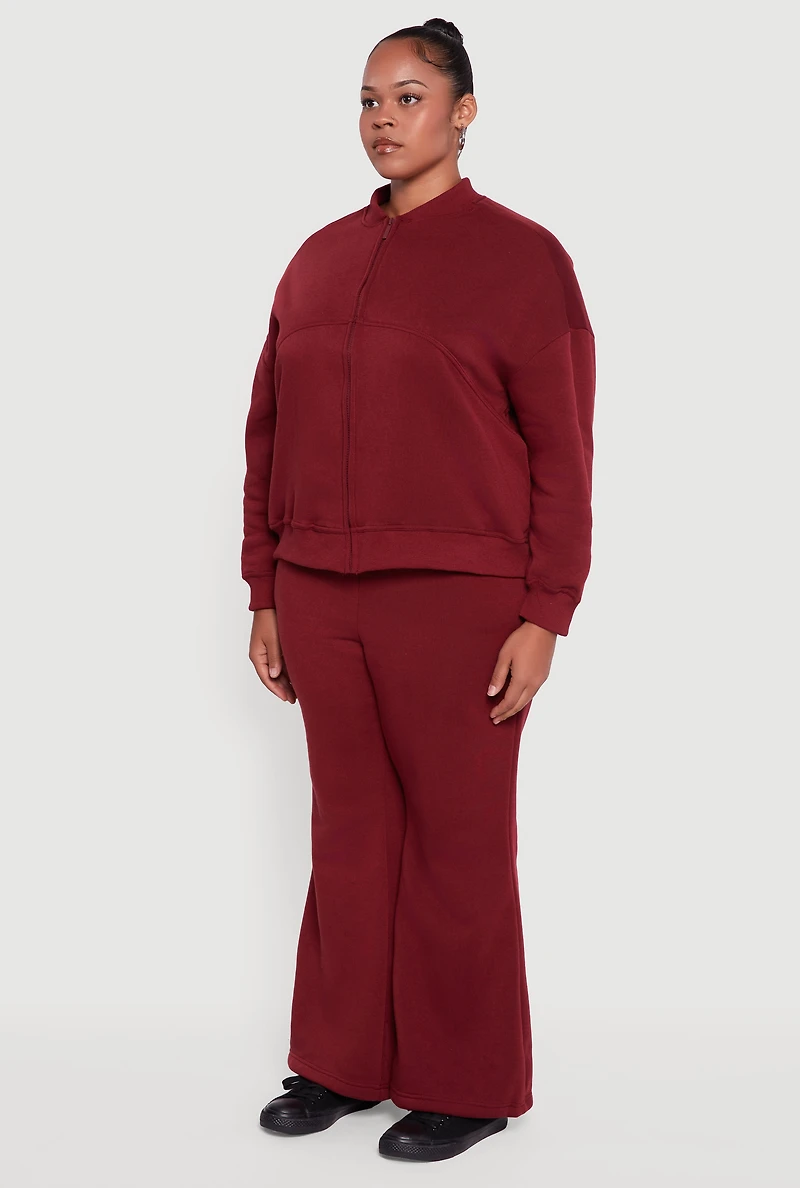 Womens Plus Size Solid Fleece Zip Front Long Sleeve Sweatshirt, Burgundy, Size 1X
