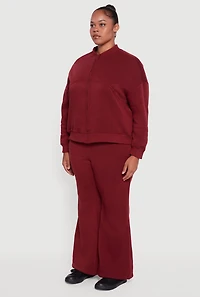 Womens Plus Size Solid Fleece Zip Front Long Sleeve Sweatshirt, Burgundy, Size 1X