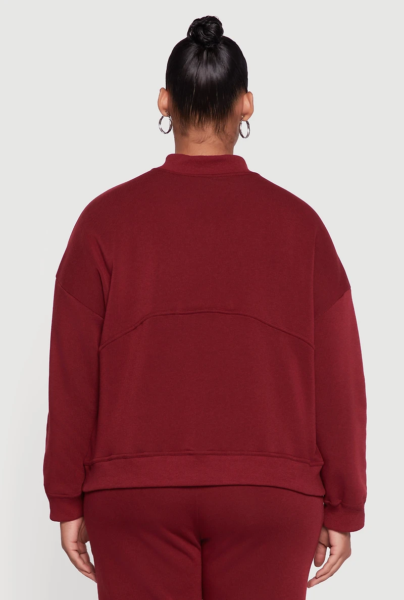 Womens Plus Size Solid Fleece Zip Front Long Sleeve Sweatshirt, Burgundy, Size 1X