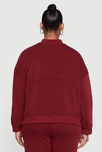 Womens Plus Size Solid Fleece Zip Front Long Sleeve Sweatshirt, Burgundy, Size 1X