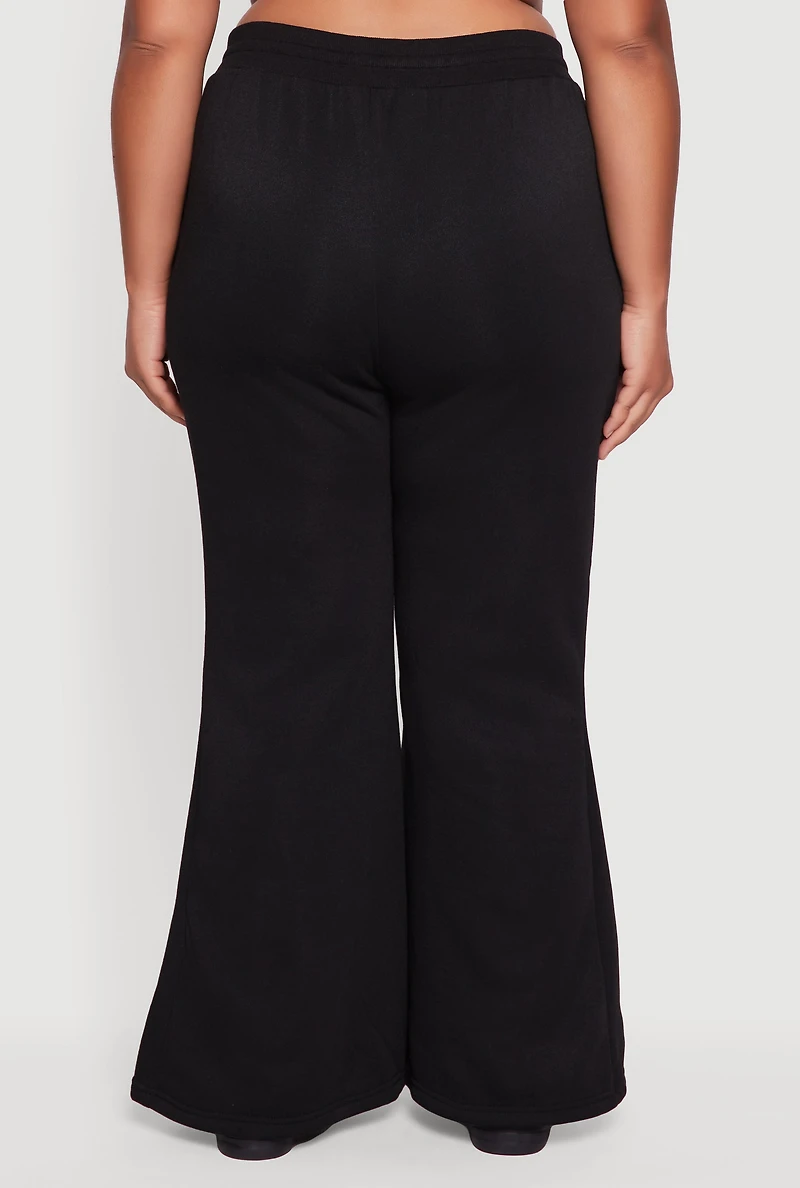 Womens Plus Size Fleece Lined High Waisted Flare Leg Sweatpants, Black, Size 1X