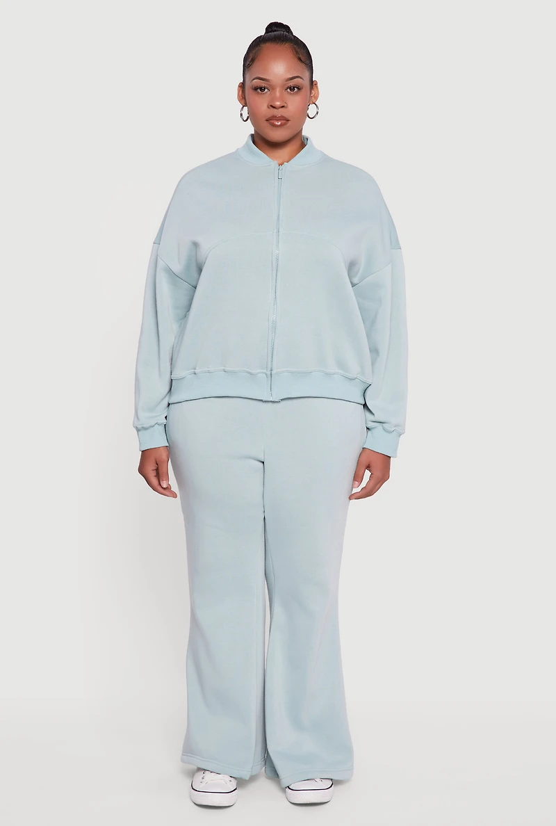 Womens Plus Fleece Lined High Waisted Flare Leg Sweatpants, Green,