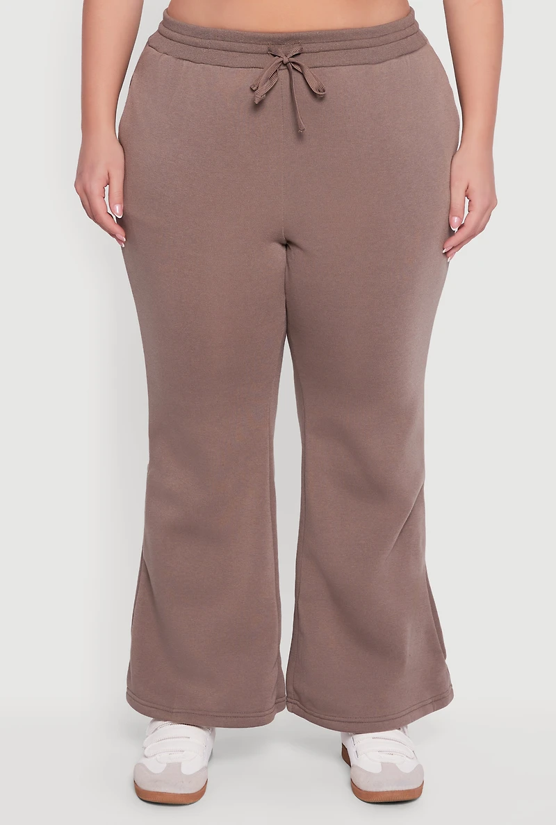 Womens Plus Fleece Lined High Waisted Flare Leg Sweatpants,