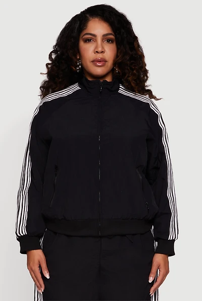 Womens Plus Side Striped Nylon Mock Neck Jacket,