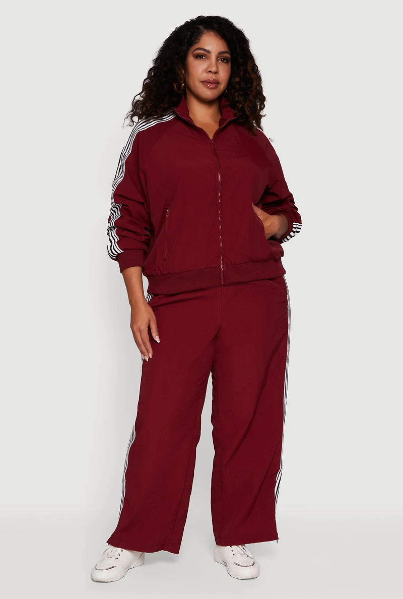 Womens Plus Size Side Striped Nylon Mock Neck Jacket, Burgundy, Size 1X