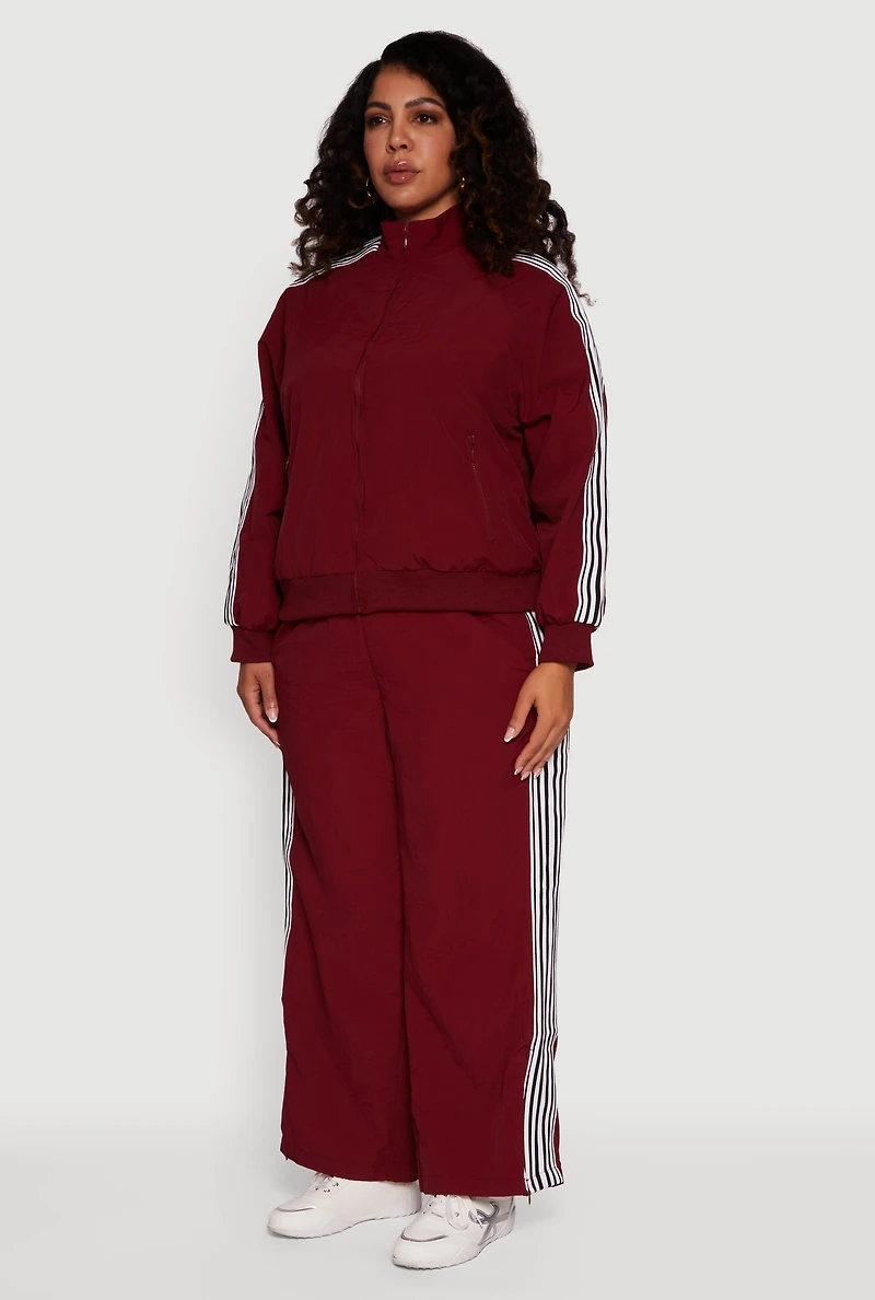 Womens Plus Size Side Striped Nylon Mock Neck Jacket, Burgundy, Size 1X