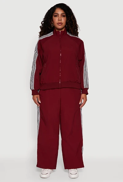 Womens Plus Size Side Striped Nylon Track Pants, Burgundy, Size 2X