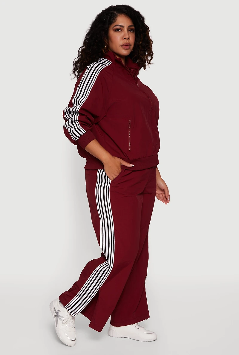 Womens Plus Size Side Striped Nylon Track Pants, Burgundy, Size 2X