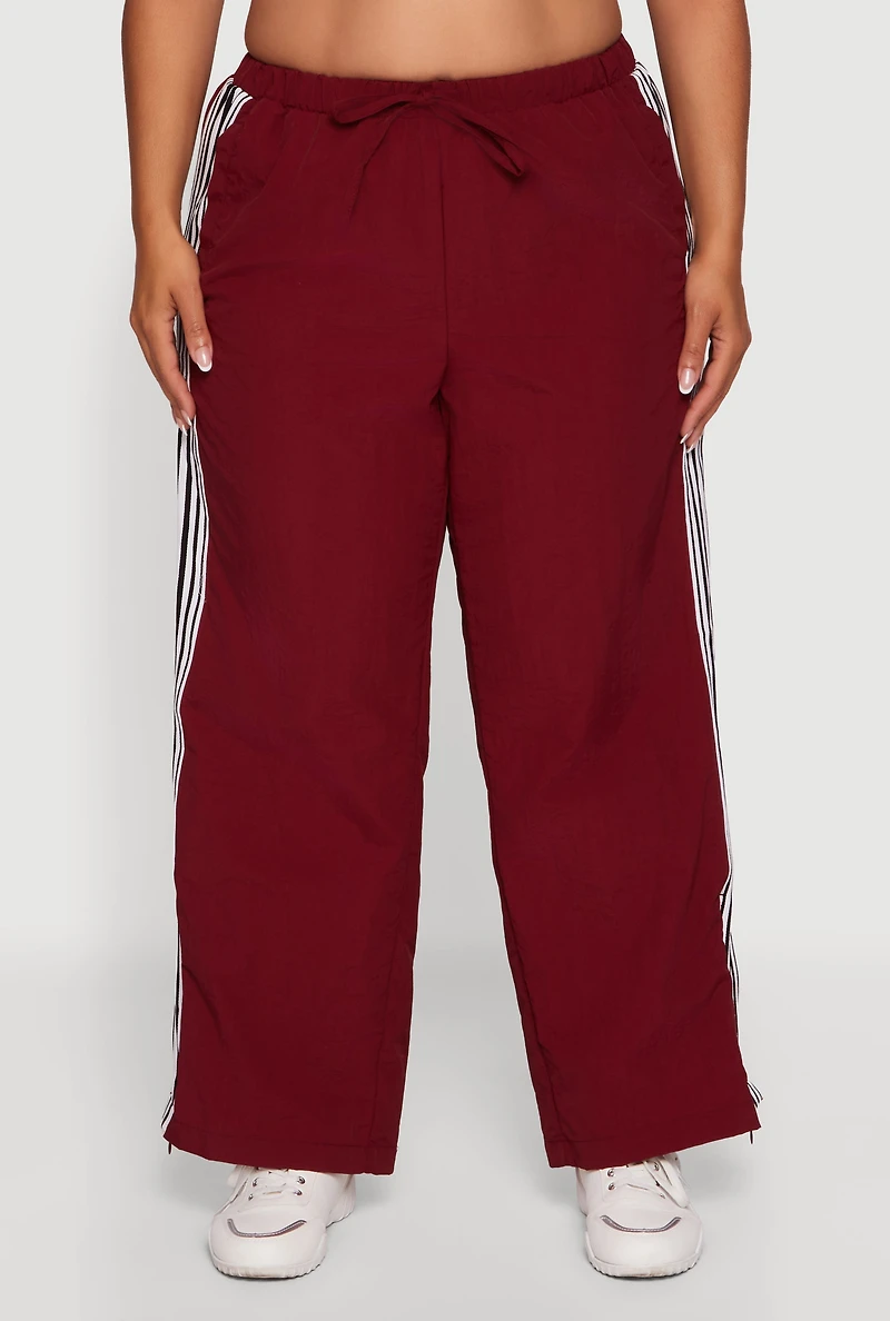 Womens Plus Size Side Striped Nylon Track Pants, Burgundy, Size 2X