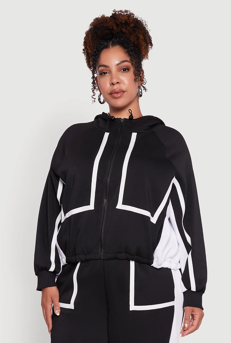 Womens Plus Size Zip Front Contrast Trim Fleece Lined Hooded Sweatshirt, Black, Size 1X