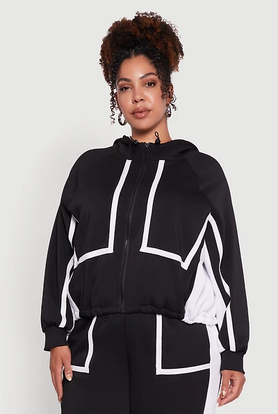 Womens Plus Size Zip Front Contrast Trim Fleece Lined Hooded Sweatshirt, Black, Size 1X