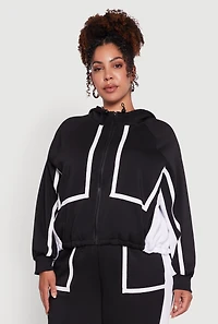 Womens Plus Size Zip Front Contrast Trim Fleece Lined Hooded Sweatshirt, Black, Size 1X
