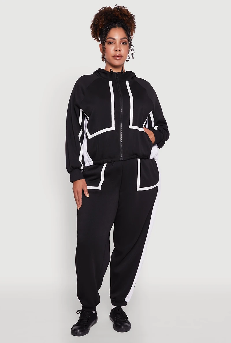 Womens Plus Zip Front Contrast Trim Fleece Lined Hooded Sweatshirt,