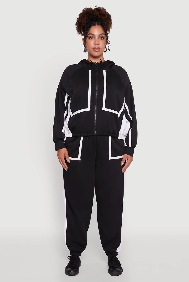 Womens Plus Zip Front Contrast Trim Fleece Lined Hooded Sweatshirt,