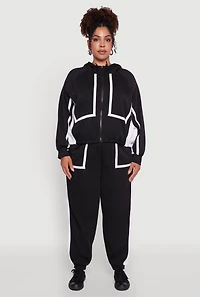 Womens Plus Zip Front Contrast Trim Fleece Lined Hooded Sweatshirt,