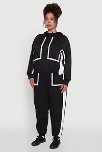 Womens Plus Size Zip Front Contrast Trim Fleece Lined Hooded Sweatshirt, Black, Size 1X