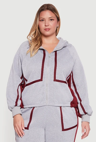 Womens Plus Size Zip Front Contrast Trim Fleece Lined Hooded Sweatshirt, Grey, Size 3X