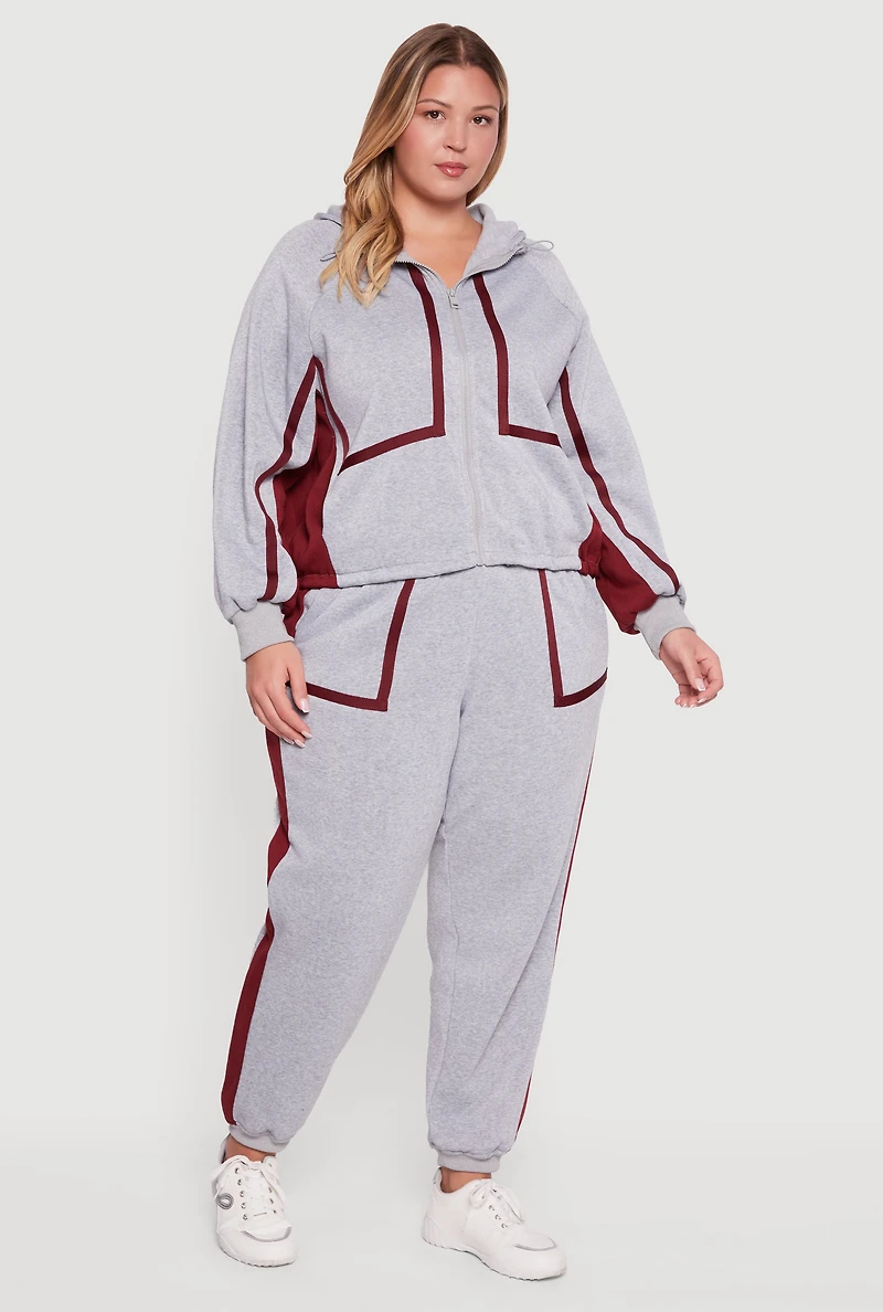 Womens Plus Size Zip Front Contrast Trim Fleece Lined Hooded Sweatshirt, Grey, Size 3X