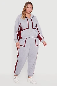 Womens Plus Size Zip Front Contrast Trim Fleece Lined Hooded Sweatshirt, Grey, Size 3X