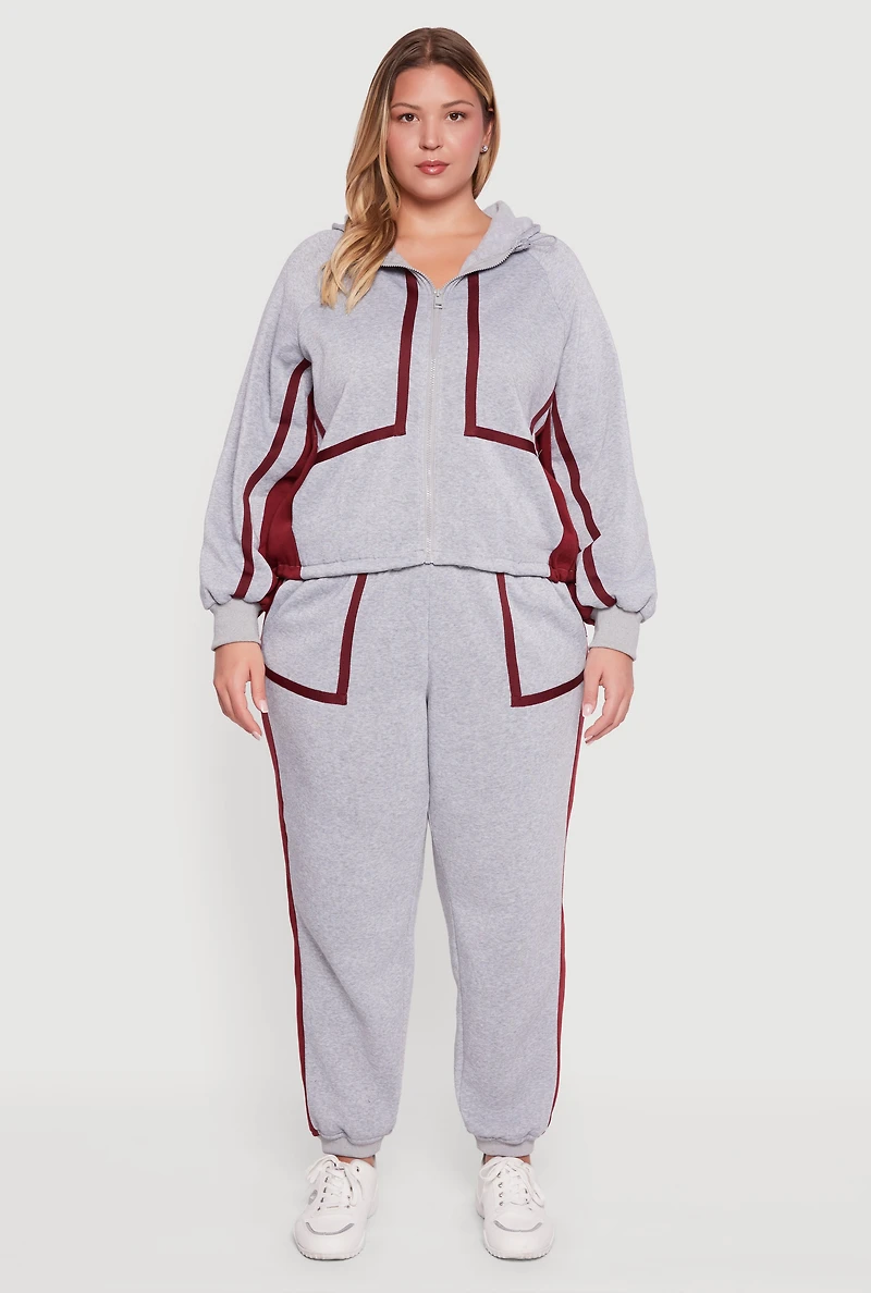 Womens Plus Size Zip Front Contrast Trim Fleece Lined Hooded Sweatshirt, Grey, Size 3X