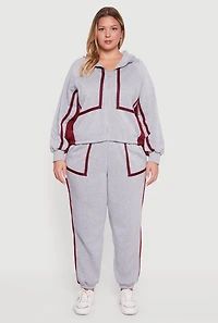 Womens Plus Size Zip Front Contrast Trim Fleece Lined Hooded Sweatshirt, Grey, Size 3X