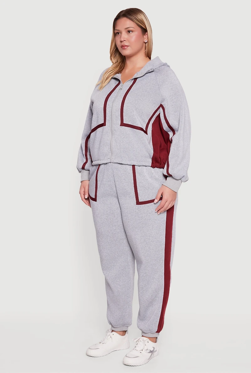 Womens Plus Size Zip Front Contrast Trim Fleece Lined Hooded Sweatshirt, Grey, Size 3X