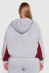 Womens Plus Size Zip Front Contrast Trim Fleece Lined Hooded Sweatshirt, Grey, Size 3X