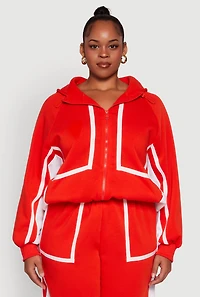 Womens Plus Size Zip Front Contrast Trim Fleece Lined Hooded Sweatshirt, Orange, Size 2X