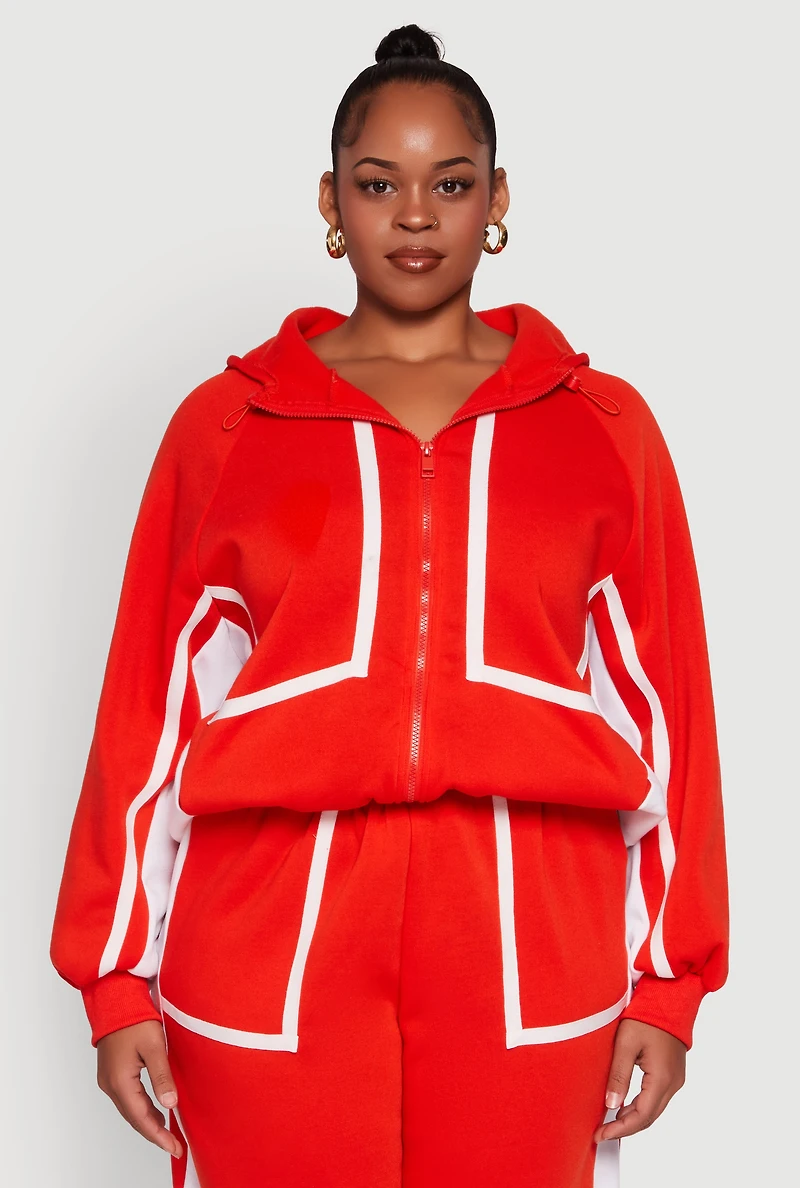 Womens Plus Size Zip Front Contrast Trim Fleece Lined Hooded Sweatshirt, Orange, Size 3X