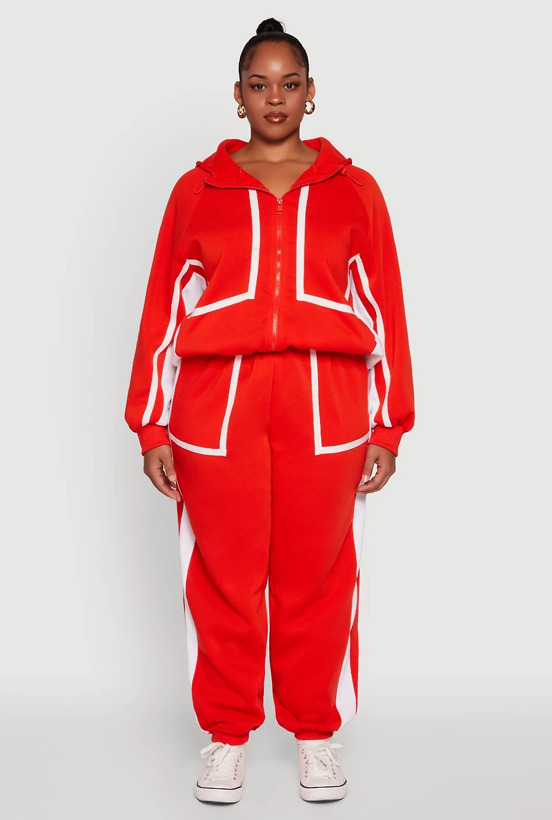 Womens Plus Size Zip Front Contrast Trim Fleece Lined Hooded Sweatshirt, Orange, Size 2X