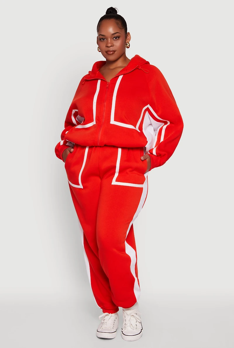Womens Plus Size Zip Front Contrast Trim Fleece Lined Hooded Sweatshirt, Orange, Size 2X