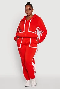 Womens Plus Size Zip Front Contrast Trim Fleece Lined Hooded Sweatshirt, Orange, Size 2X