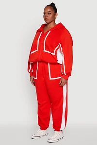 Plus Zip Front Contrast Trim Fleece Lined Hooded Sweatshirt