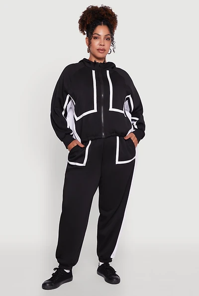 Womens Plus Size Contrast Trim Pocket Joggers with Side Stripes, Black, Size 1X