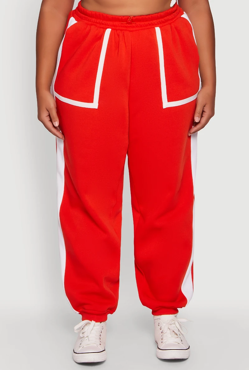 Womens Plus Contrast Trim Pocket Joggers with Side Stripes, Orange,