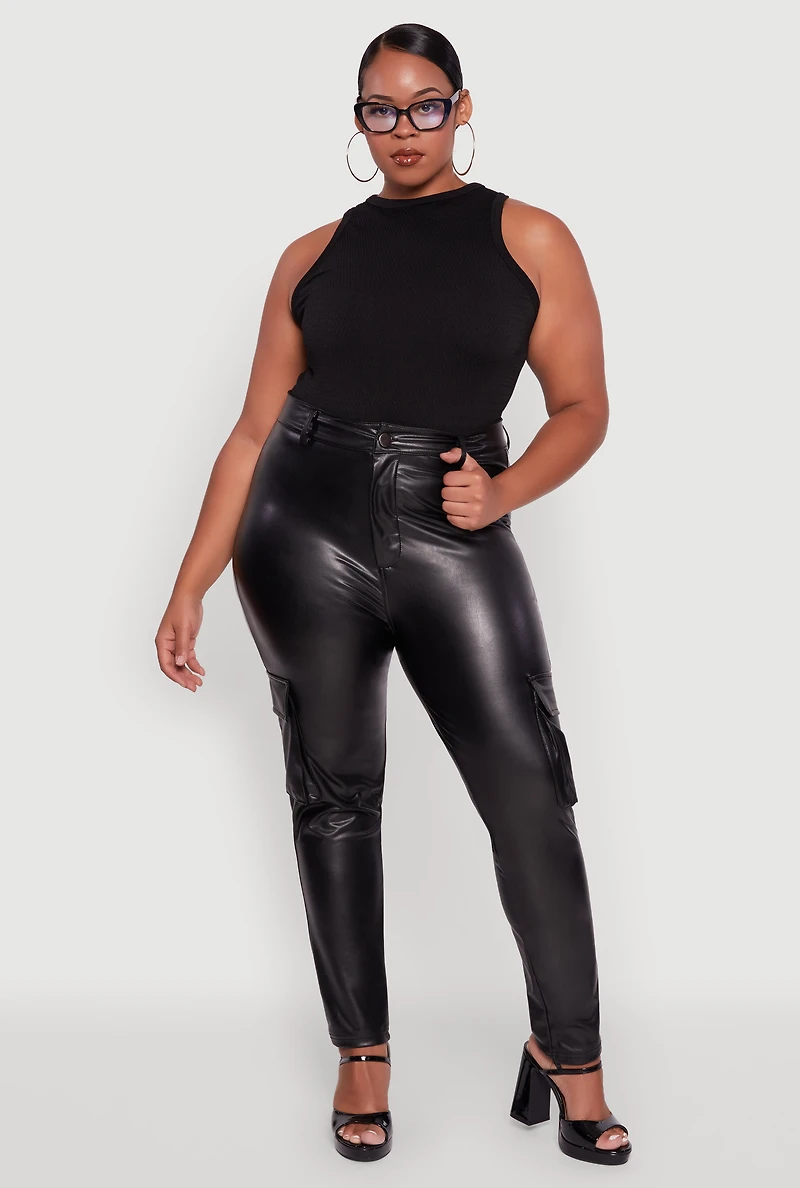 Womens Plus Size Faux Leather High Waisted Cargo Pants, Black, Size 1X