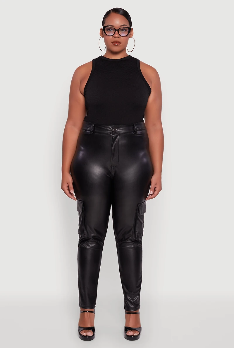 Womens Plus Size Faux Leather High Waisted Cargo Pants, Black, Size 1X