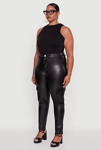Womens Plus Size Faux Leather High Waisted Cargo Pants, Black, Size 1X
